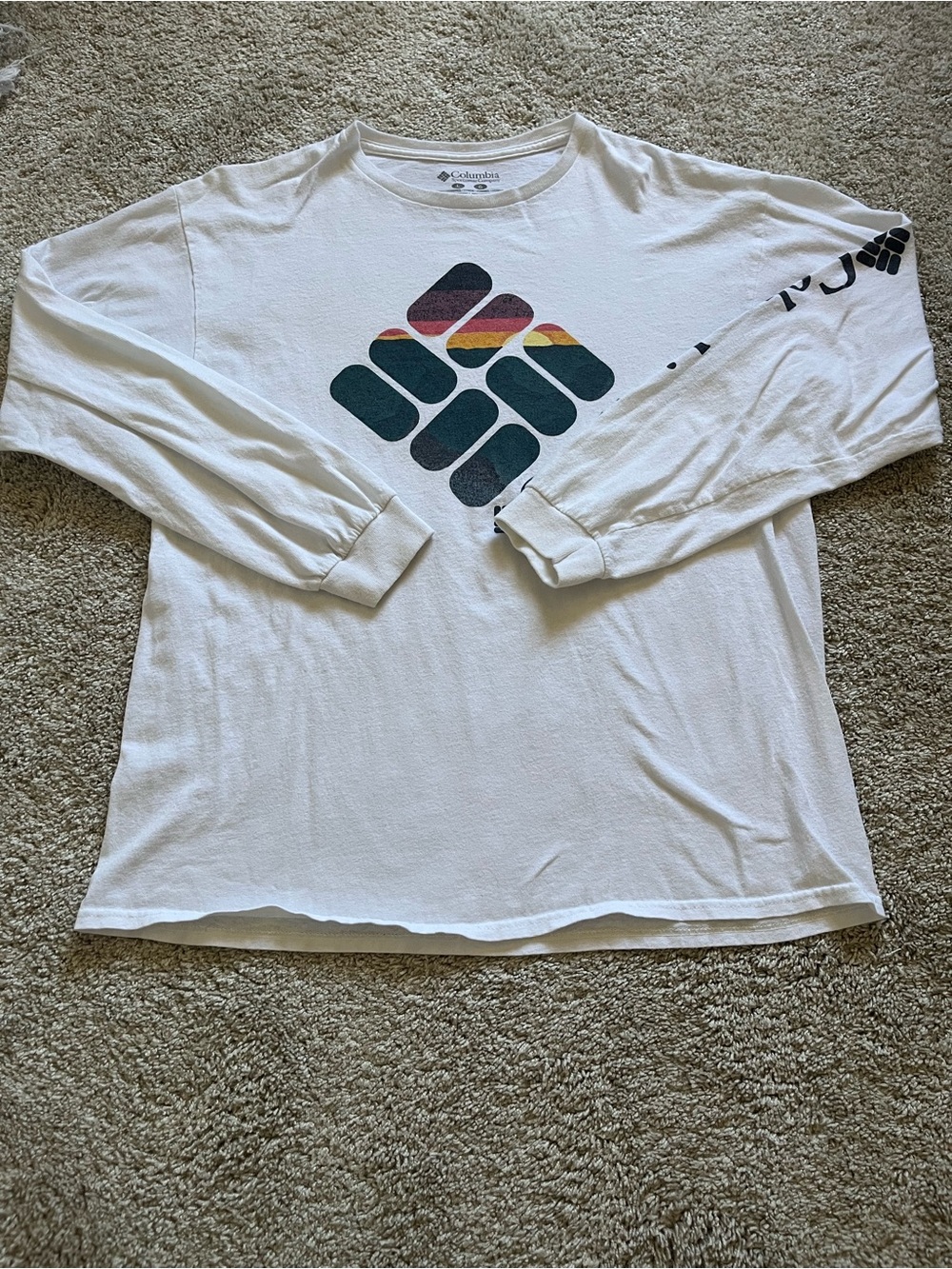Columbia Men's White Graphic Print Logo Crew Neck Long Sleeve Cotton T-Shirt L